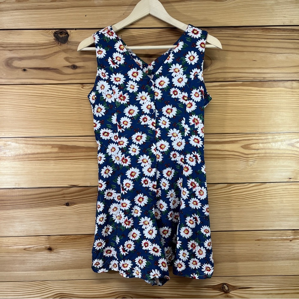Vtg 90s No Boundaries Romper Small Blue Floral Button Up Tie Back Rayon B155